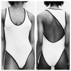 Zara White / Black Trim Asymmetrical Bodysuit, one piece fitted top size medium